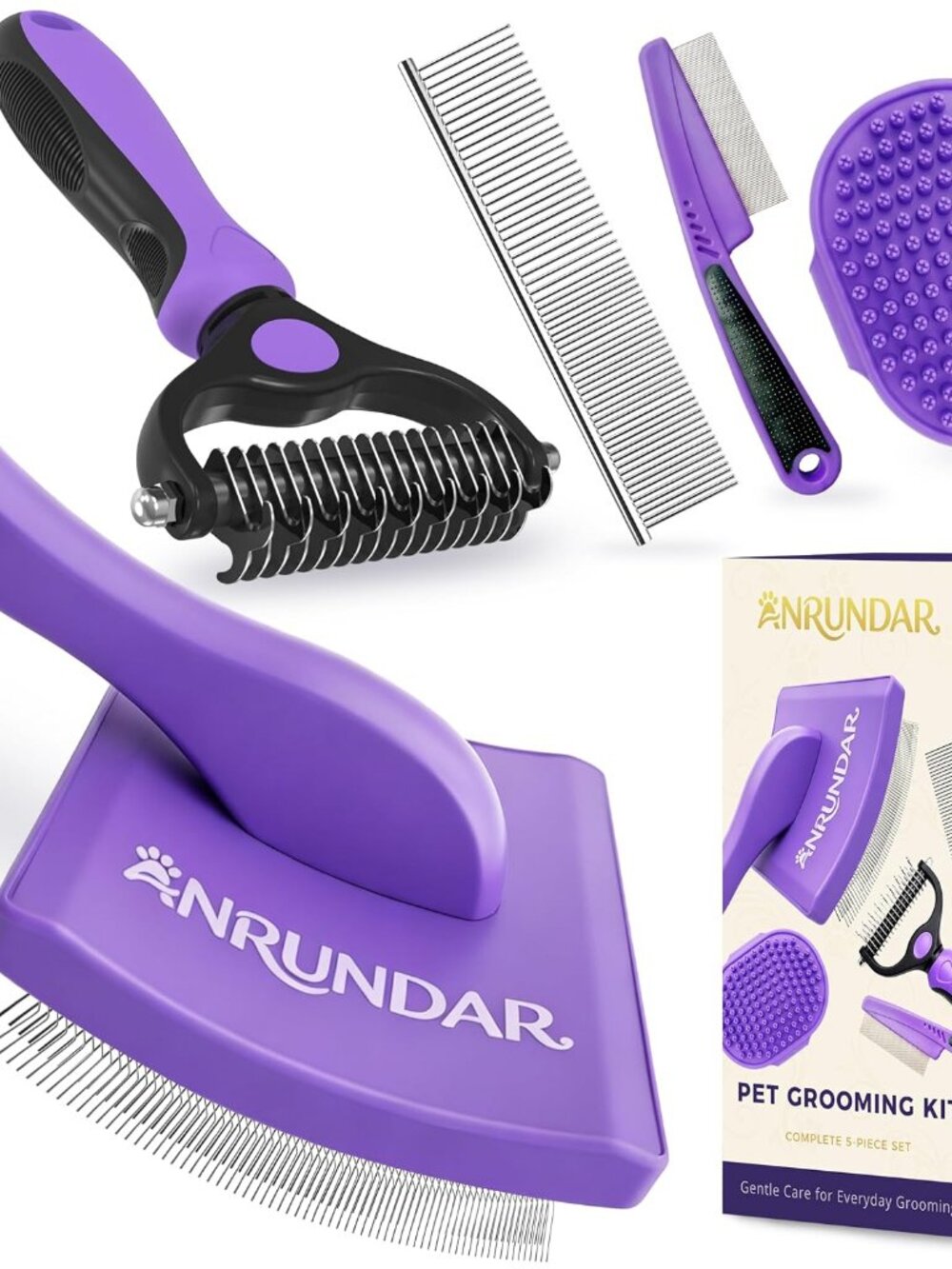 5PCS Dog Grooming Kit with Long Pin Slicker Brush for Dogs, Violet - D